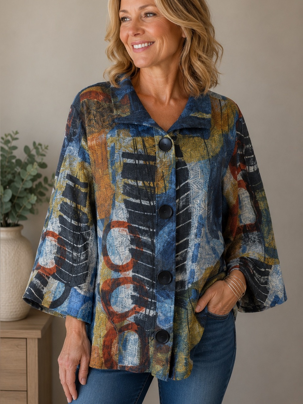 Ali Miles Abstract Art Print Button Front Flutter 3/4 Sleeve Shacket Top Size M